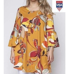 Crepas Soft Floral 3/4 Bell Sleeve Soft Brushed Boho Plus Tunic